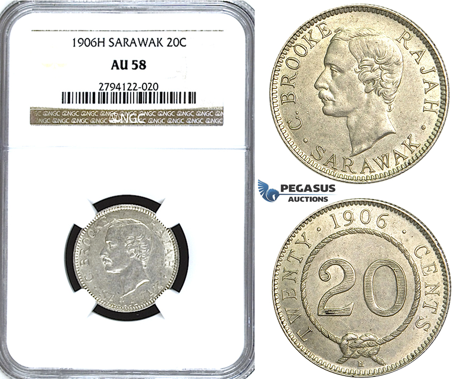 U61, Sarawak, C. Brooke Rajah, 20 Cents 1906-H, Heaton, Silver, NGC AU58 (Pop 1/1, Finest!) Rare!