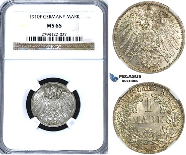 U68, Germany, Wilhelm II, 1 Mark 1910-F, Stuttgart, Silver, NGC MS65