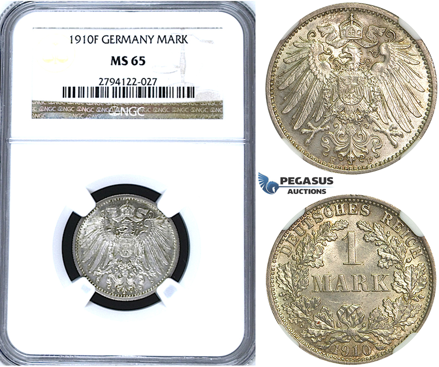 U68, Germany, Wilhelm II, 1 Mark 1910-F, Stuttgart, Silver, NGC MS65