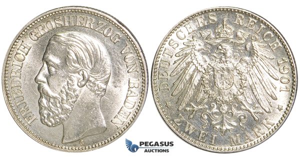 U71, Germany, Baden, Friedrich Grand Duke, 2 Mark 1901-G, Karlsruhe, Silver, "White" UNC (vz/St.) Rare!