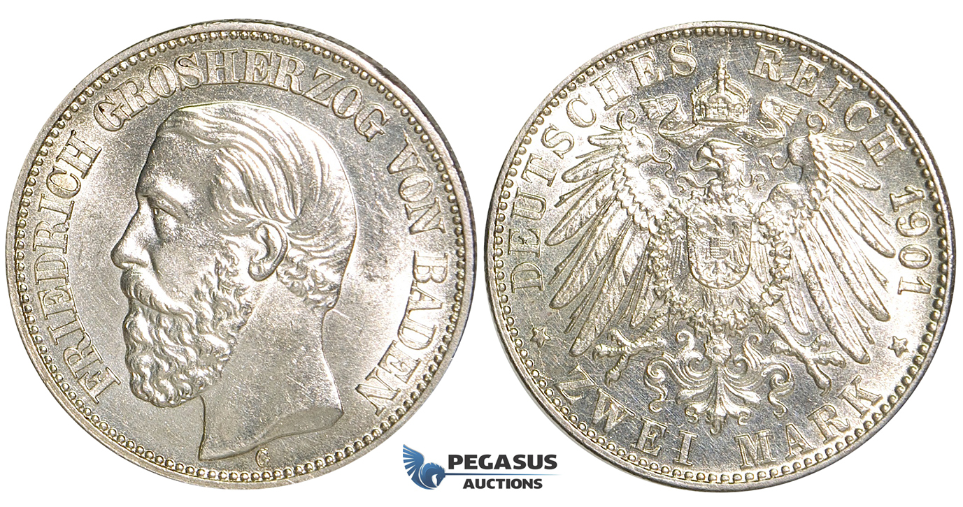 U71, Germany, Baden, Friedrich Grand Duke, 2 Mark 1901-G, Karlsruhe, Silver, "White" UNC (vz/St.) Rare!