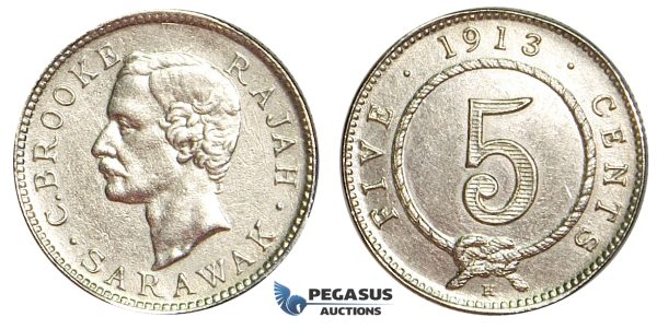 U82, Sarawak, C. Brooke Rajah, 5 Cents 1913-H, Heaton, Silver, High Grade (Cleaned)
