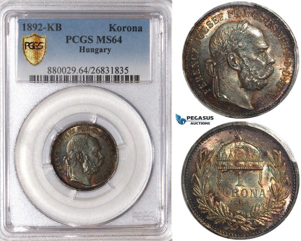 U86, Hungary, Franz Joseph, Korona 1892-KB, Kremnitz, Silver, PCGS MS64, Rare Date!
