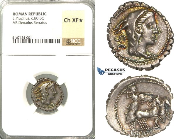 U96, Roman Republic, L. Procilius (80 BC) AR Denarius Serratus (4.08g) Rome, Juno Sospita, NGC Ch XF* Star