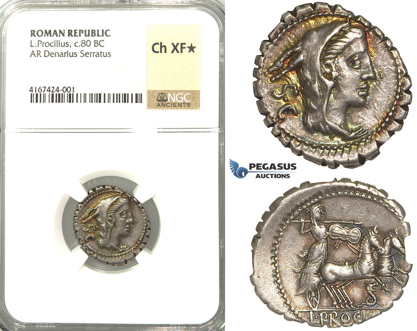 U96, Roman Republic, L. Procilius (80 BC) AR Denarius Serratus (4.08g) Rome, Juno Sospita, NGC Ch XF* Star