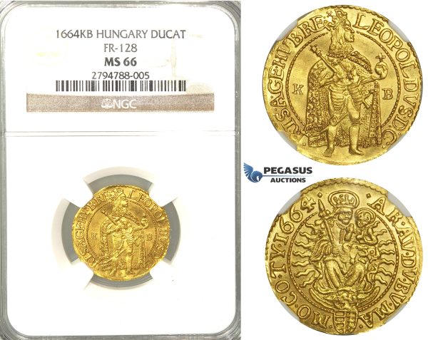 U98, Hungary, Leopold I, Ducat 1664 K-B, Kremnitz, Gold (3.56g) NGC MS66 (Pop 1/1, Finest known) Very rare so nice!
