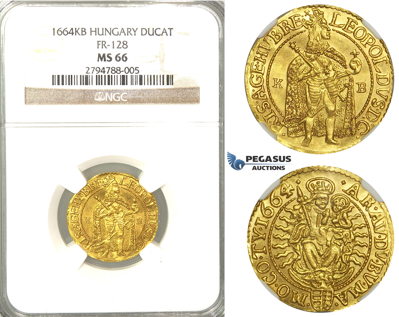 U98, Hungary, Leopold I, Ducat 1664 K-B, Kremnitz, Gold (3.56g) NGC MS66 (Pop 1/1, Finest known) Very rare so nice!