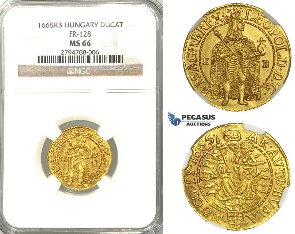 U99, Hungary, Leopold I, Ducat 1665 K-B, Kremnitz, Gold (3.52g) NGC MS66, (Pop 1/1, Finest known) Very rare so nice!