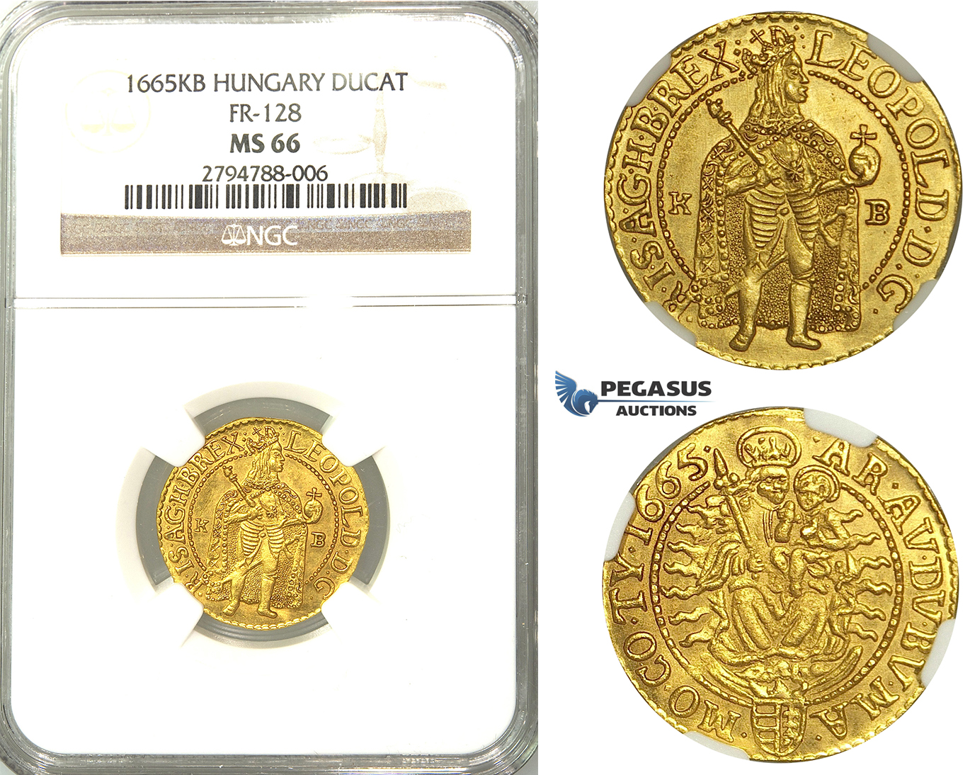 U99, Hungary, Leopold I, Ducat 1665 K-B, Kremnitz, Gold (3.52g) NGC MS66, (Pop 1/1, Finest known) Very rare so nice!
