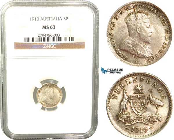 V05, Australia, Edward VII, Threepence (3P) 1910, Silver, NGC MS63