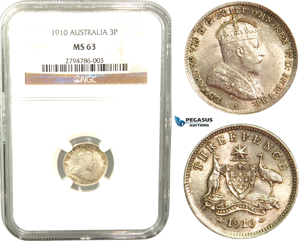 V05, Australia, Edward VII, Threepence (3P) 1910, Silver, NGC MS63