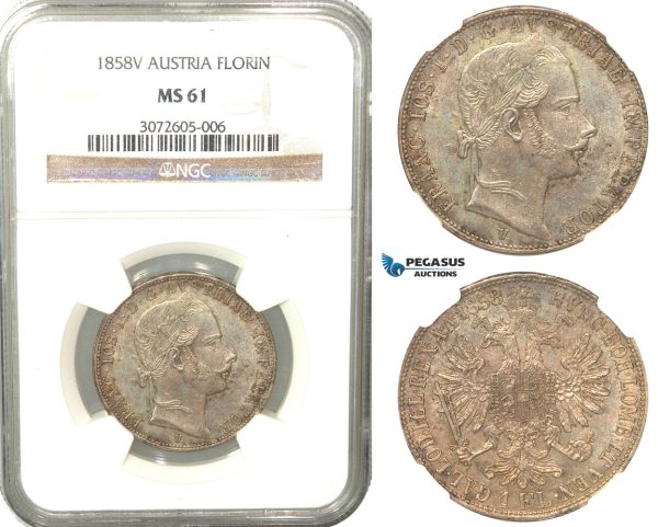 V07, Austria, Franz Joseph, Florin (Gulden) 1858-V, Venice, Silver, NGC MS61