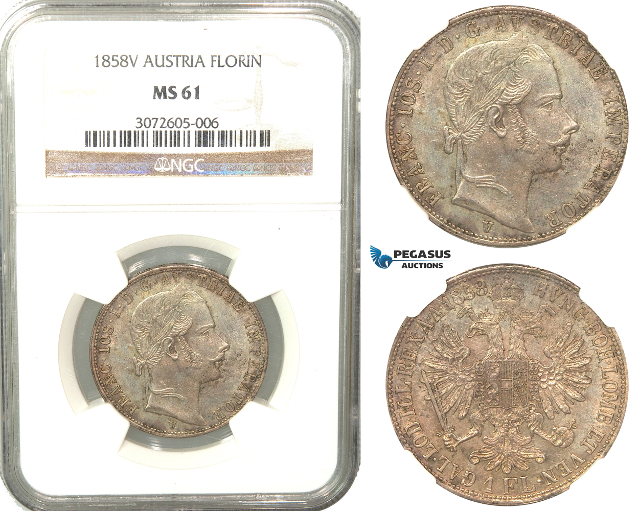 V07, Austria, Franz Joseph, Florin (Gulden) 1858-V, Venice, Silver, NGC MS61