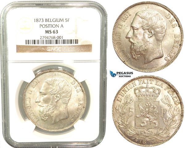 V11, Belgium, Leopold II, 5 Francs 1873 (Pos A) Silver, NGC MS63