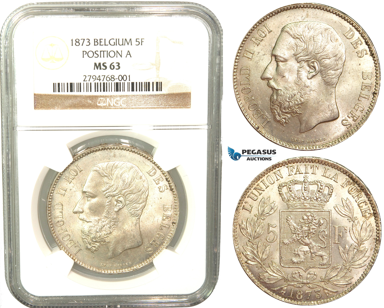 V11, Belgium, Leopold II, 5 Francs 1873 (Pos A) Silver, NGC MS63