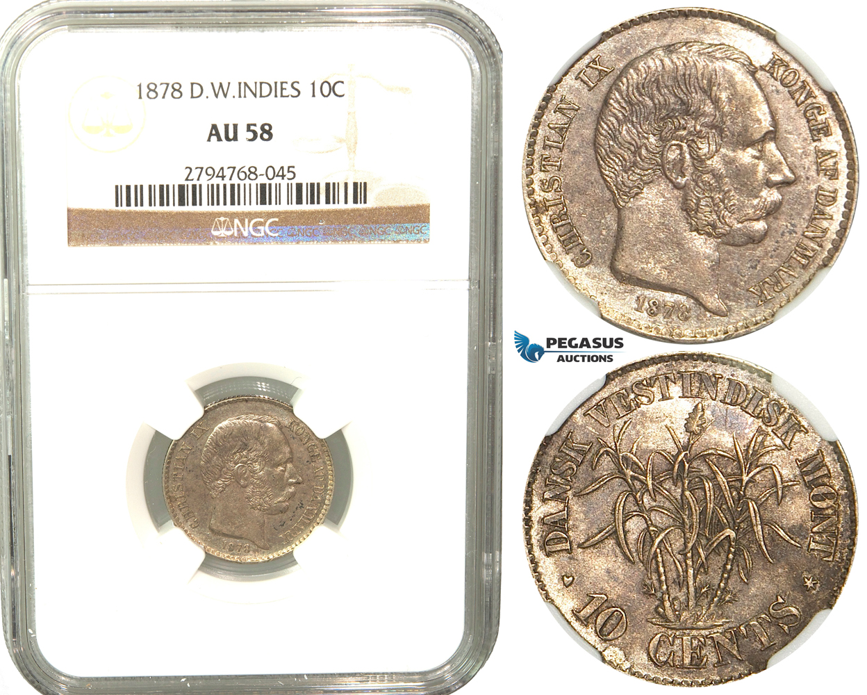 V29, Danish West Indies, Christian IX, 10 Cents 1878, Copenhagen, Silver, NGC AU58