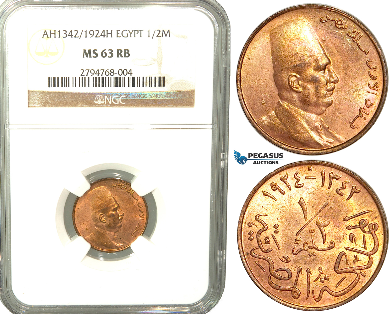 V30, Egypt, Fuad, 1/2 Millieme AH1342/1924-H, Heaton, NGC MS63