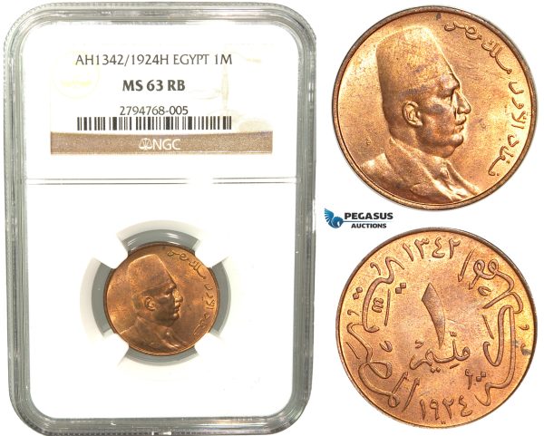 V31, Egypt, Fuad, 1 Millieme AH1342/1924-H, Heaton, NGC MS63