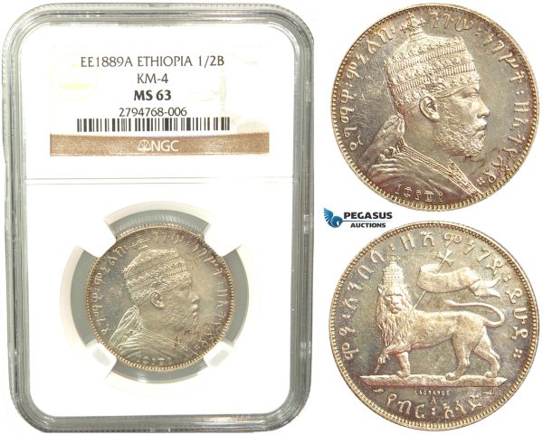 V33, Ethiopia, Menelik II, 1/2 Birr EE1889-A, Paris, Silver, NGC MS63
