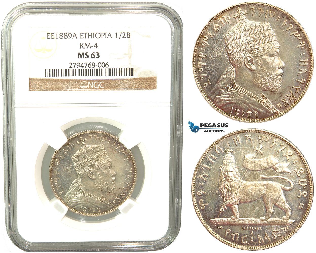 V33, Ethiopia, Menelik II, 1/2 Birr EE1889-A, Paris, Silver, NGC MS63