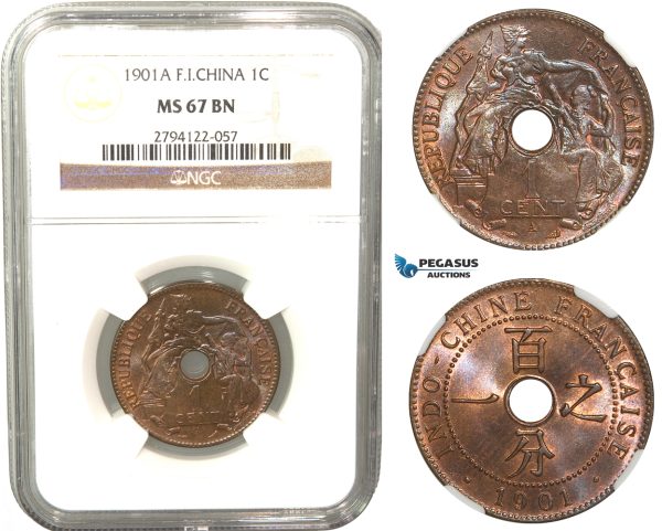 V34, French Indo-China, Centime 1901-A, Paris, NGC MS67BN (Pop 1/1, Finest!)