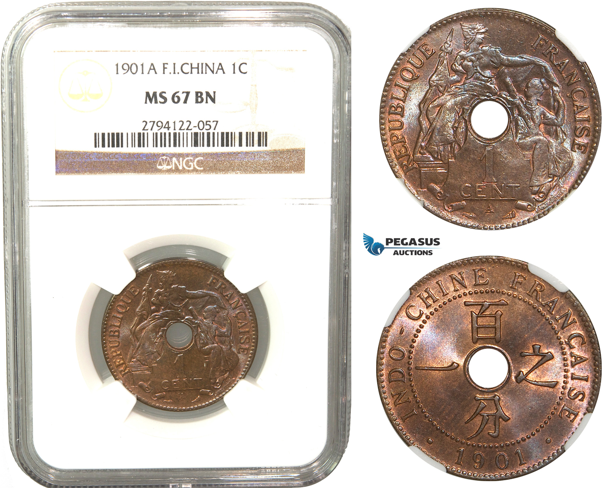 V34, French Indo-China, Centime 1901-A, Paris, NGC MS67BN (Pop 1/1, Finest!)