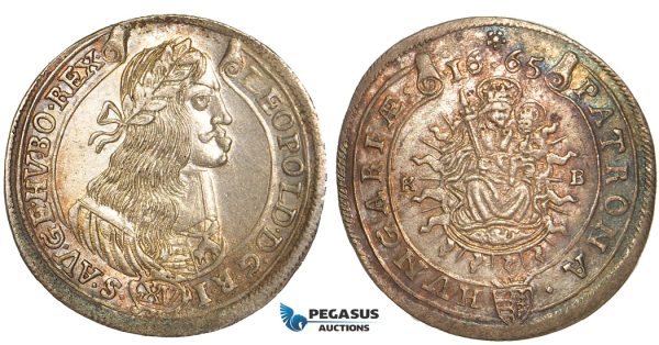 V35, Hungary, Leopold, 15 Krajczar 1665-KB, Kremnitz, Silver, Rainbow toned High Grade!
