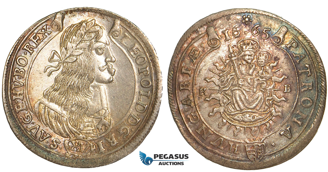 V35, Hungary, Leopold, 15 Krajczar 1665-KB, Kremnitz, Silver, Rainbow toned High Grade!