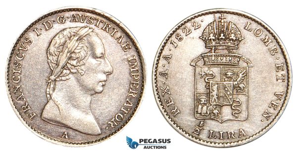 V42X, Italy, Lombardy, Francisc I, 1/2 Lira 1822-A, Vienna, Silver, gVF-XF, Rare!