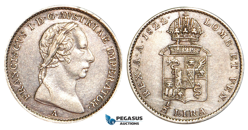 V42X, Italy, Lombardy, Francisc I, 1/2 Lira 1822-A, Vienna, Silver, gVF-XF, Rare!