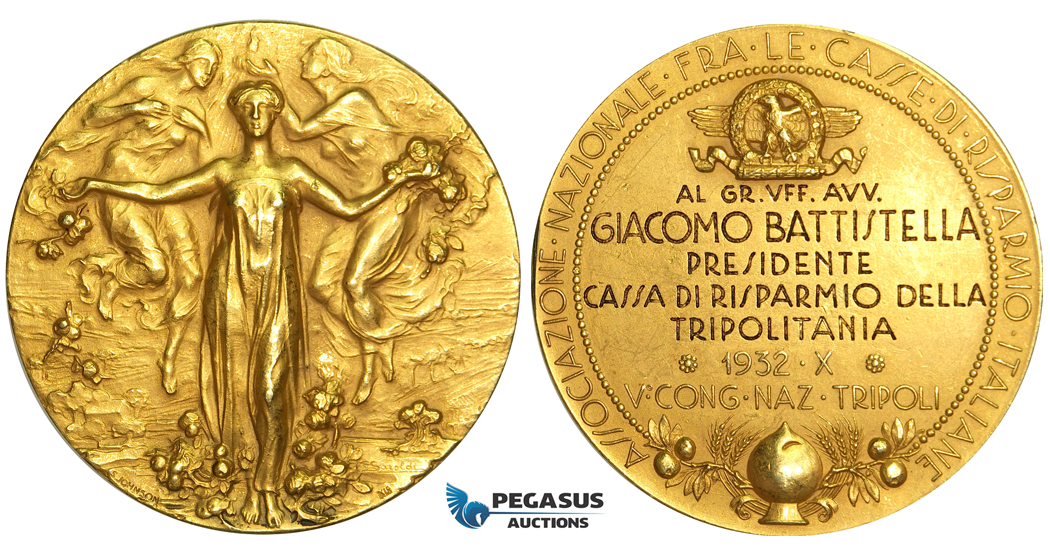 V43, Italy/Libya, Tripoli, Congress of Italian banks 1932, Gold fascist medal (Ø 52mm, 60.9g) 18K