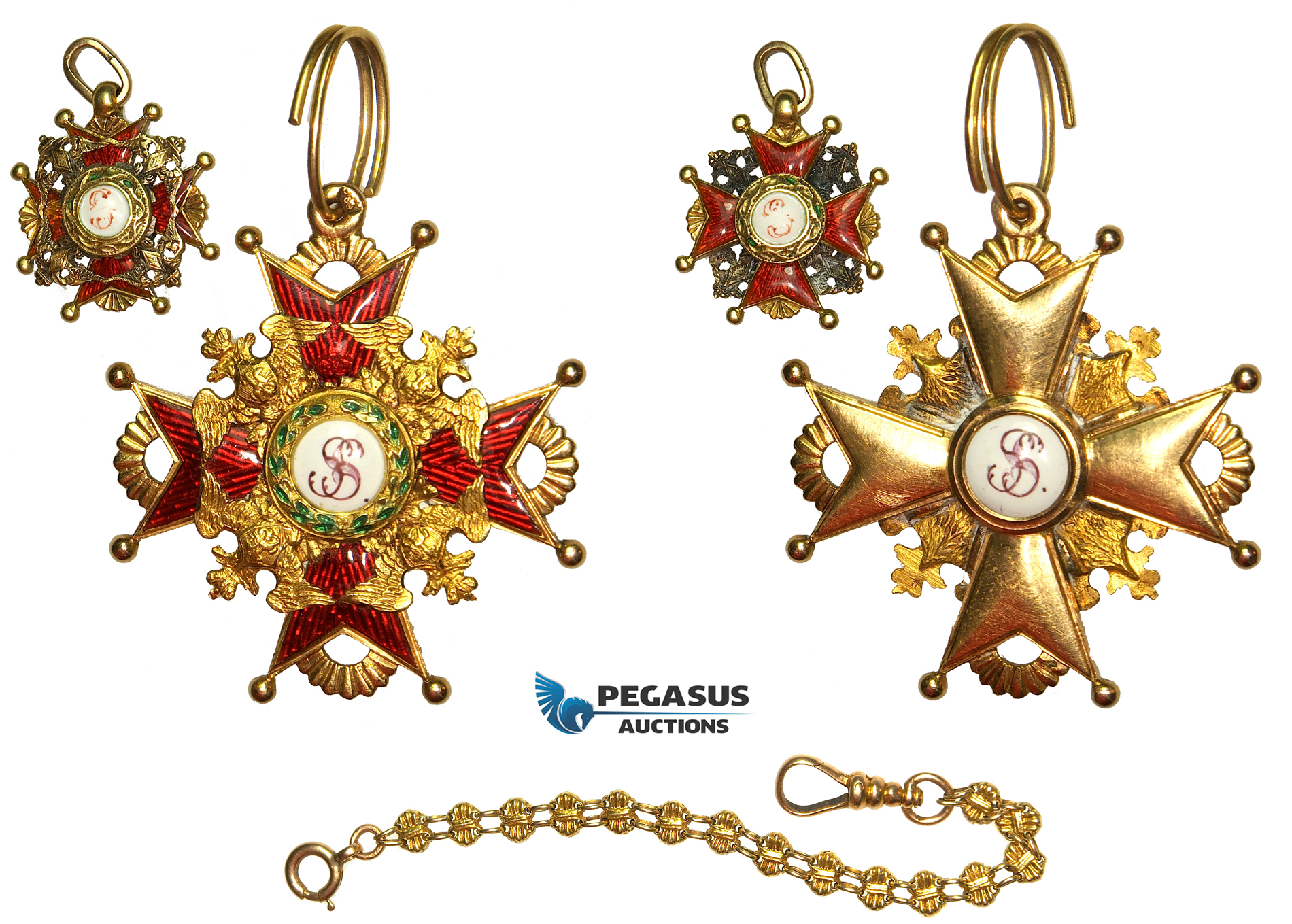 V46X, Russia, Order of St. Stanislaus, III Class, 2nd Model, 1st Edition, Cross, Miniature & Chain in Gold, Extremely Rare!