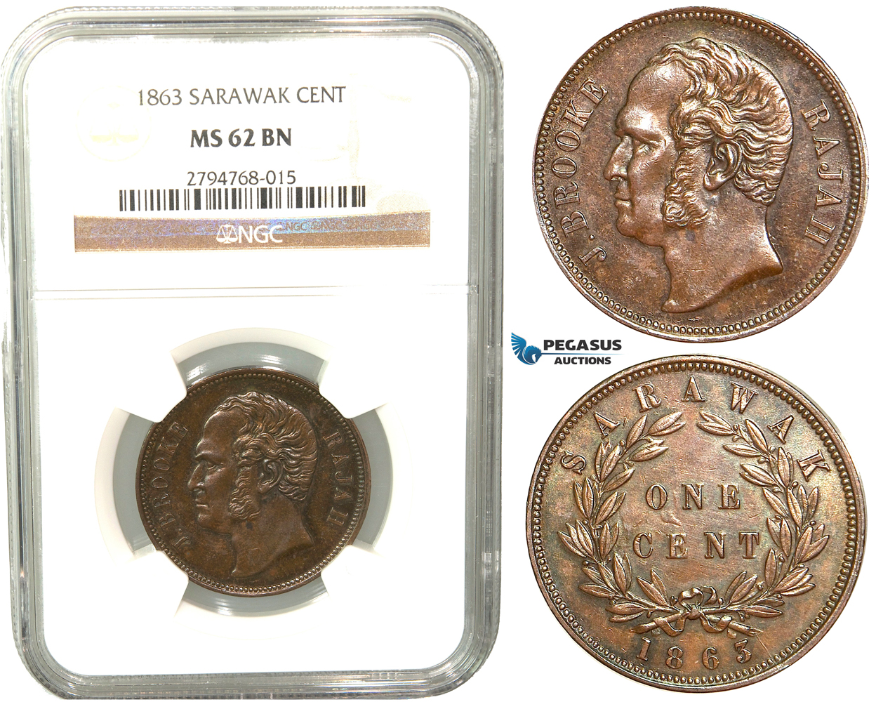 V47, Sarawak, J. Brooke Rajah, 1 Cent 1863, NGC MS62