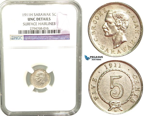 V48, Sarawak, C. Brooke Rajah, 5 Cents 1911-H, Heaton, Silver, NGC UNC