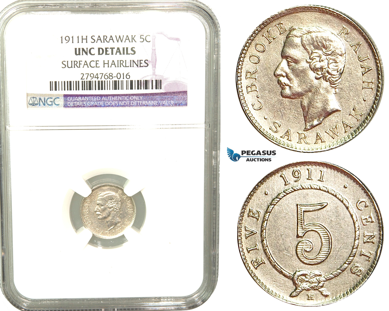V48, Sarawak, C. Brooke Rajah, 5 Cents 1911-H, Heaton, Silver, NGC UNC