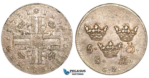 V56, Sweden, Fredrik I, 5 Öre 1731/0 SM/GZ, Stockholm, Silver, EF