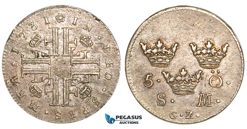 V56, Sweden, Fredrik I, 5 Öre 1731/0 SM/GZ, Stockholm, Silver, EF