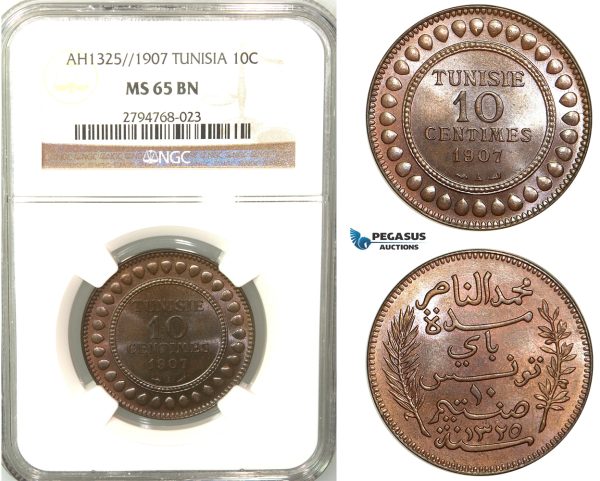 V57, Tunisia, 10 Centimes 1907-A, Paris, NGC MS65BN