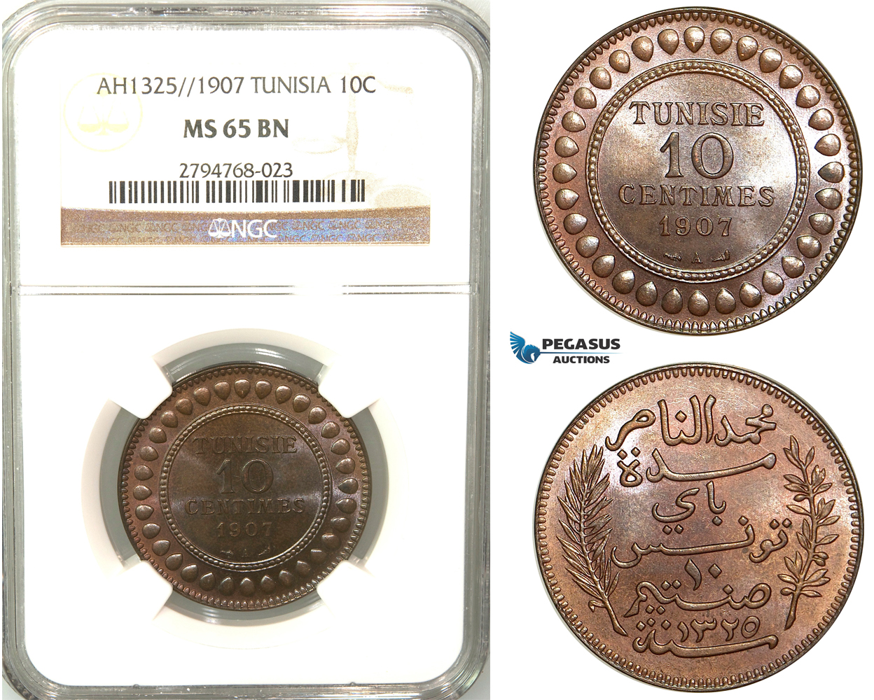 V57, Tunisia, 10 Centimes 1907-A, Paris, NGC MS65BN