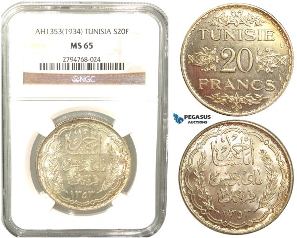 V58, Tunisia, 20 Francs AH1353/1934, Paris, Silver, NGC MS65