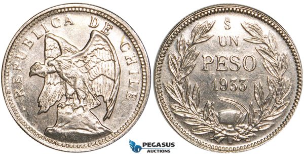 V60, Chile, Pattern Peso in Nickel 1933-SO, Santiago, aUNC (Few handlings marks) Very Rare!