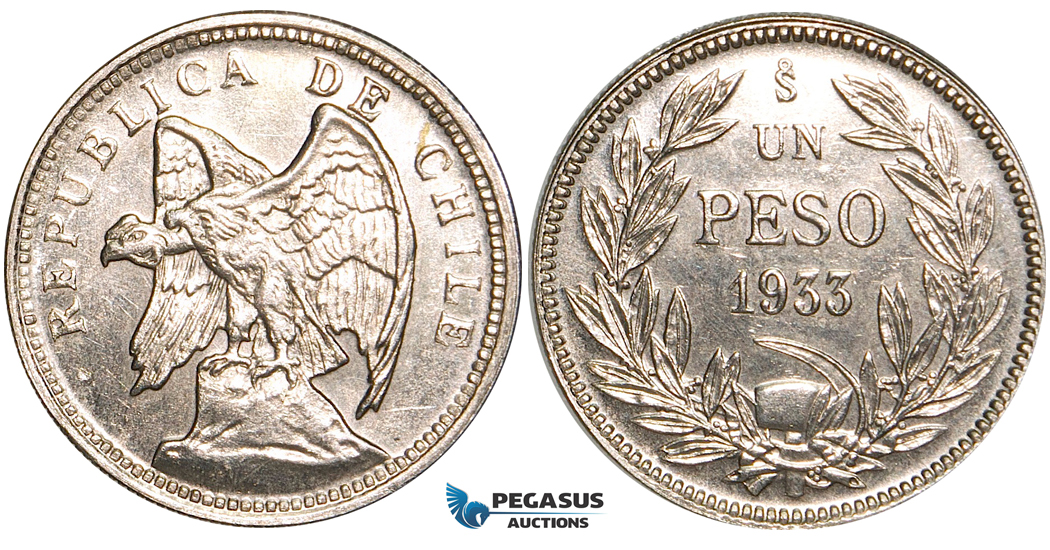 V60, Chile, Pattern Peso in Nickel 1933-SO, Santiago, aUNC (Few handlings marks) Very Rare!