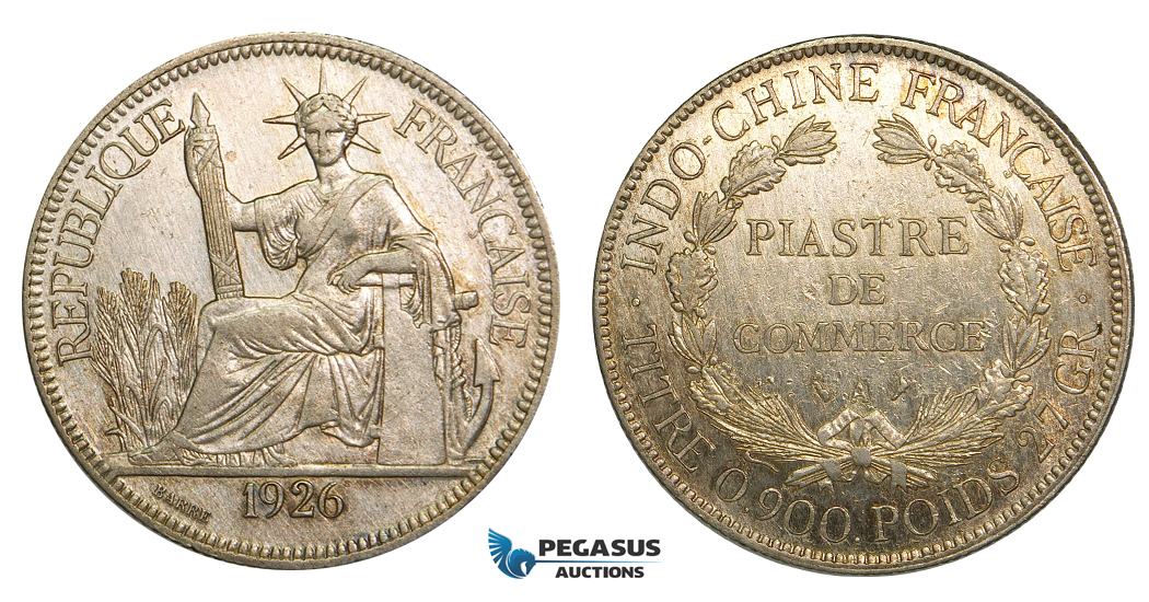 V61, French Indo-China, Piastre 1926-A, Paris, Silver, Partly toned High Grade!