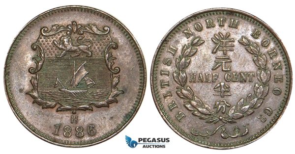 V69, British North Borneo, 1/2 Cent 1886-H, Heaton, High Grade