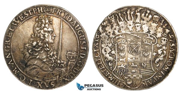 V73, Germany, Saxony, Friedrich August I, Taler 1697 IK, Dresden, Silver (28.78g) VF-XF with a strong toning! Rare!