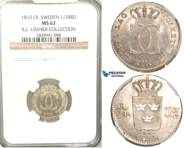 V77, Sweden, Carl XIII, 1/24 Riksdaler 1810 OL, Stockholm, Silver, NGC MS62 (Only one graded) ex. Lissner, SM 25