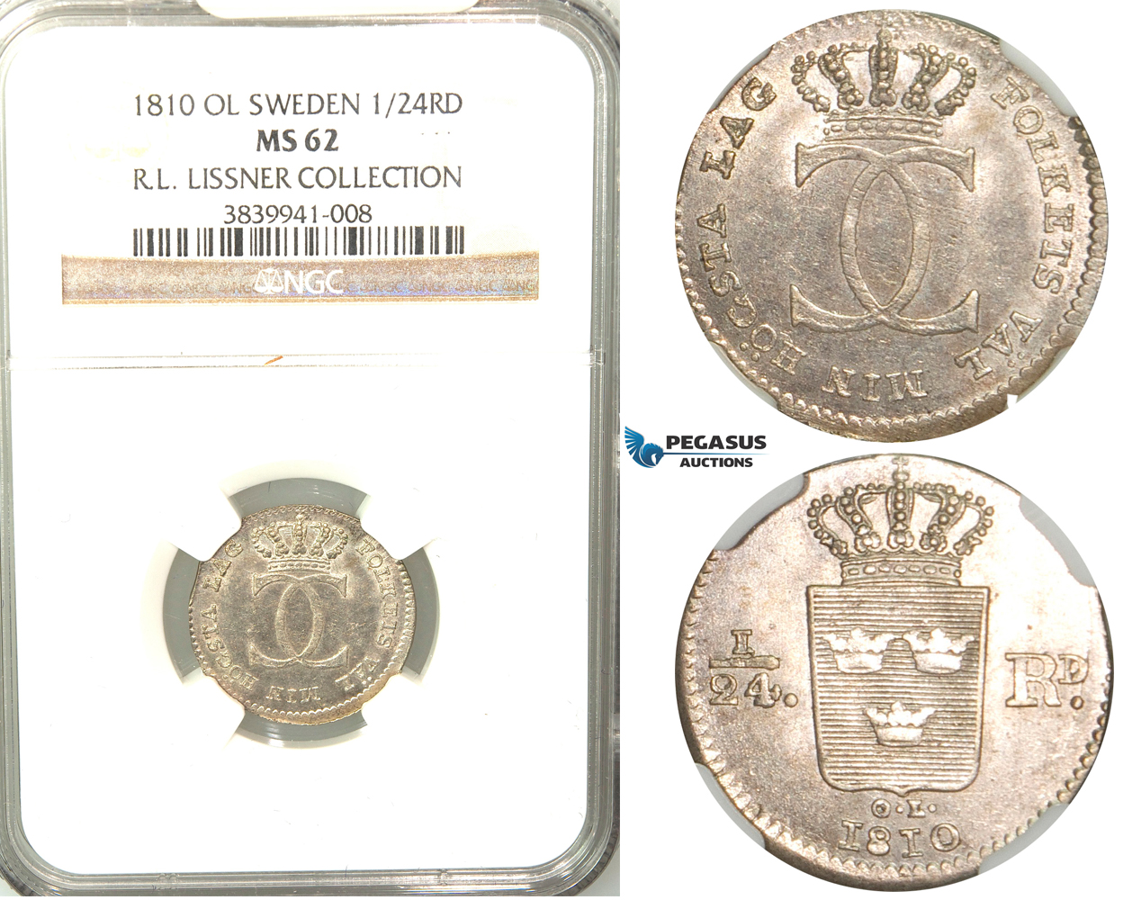 V77, Sweden, Carl XIII, 1/24 Riksdaler 1810 OL, Stockholm, Silver, NGC MS62 (Only one graded) ex. Lissner, SM 25
