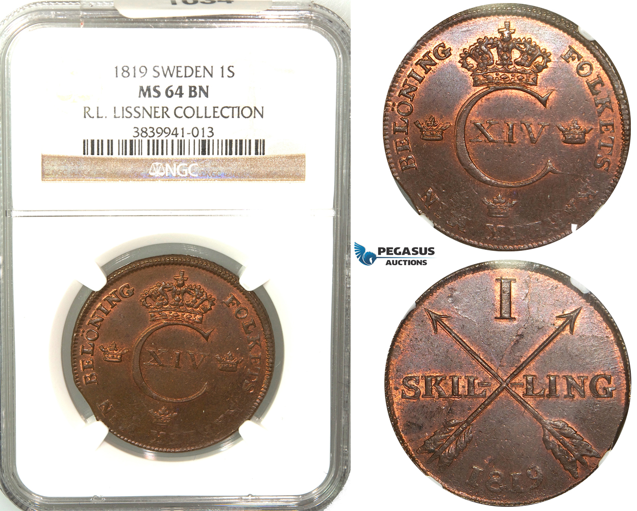 V78. Sweden, Carl XIV Johan, 1 Skilling 1819, Avesta, NGC MS64BN, ex. Lissner, SM 99