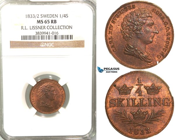 V79, Sweden, Carl XIV Johan, 1/4 Skilling 1833/2, Stockholm, NGC MS65RB (Pop 1/1, no finer) ex. Lissner, SM 134