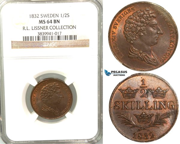 V80, Sweden, Carl XIV Johan, 1/2 Skilling 1832, Stockholm, NGC MS64BN, ex. Lissner, SM 131